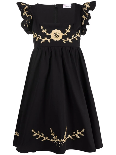 Red Valentino Embroidered Cotton Mini Dress In Schwarz