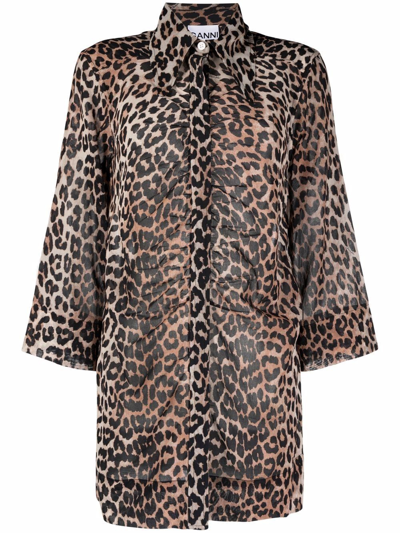 Ganni Light Cotton Gathered Shirt In Leopard In Animal Print