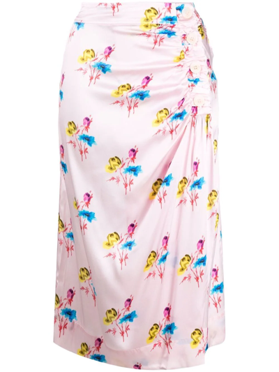 Ganni Silk-blend Printed High-rise Midi Skirt In Pink