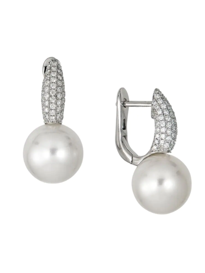 Belpearl Women's 18k White Gold, Diamond & Round 9.5mm Cultured Pearl Huggie Earrings