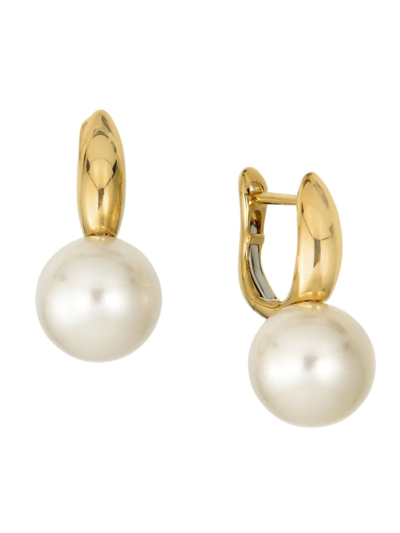 Belpearl Women's 18k Yellow Gold & 9.5mm Round Cultured Pearl Huggie Earrings
