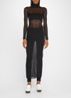 Alaïa Turtleneck Ribbed-trim Stretch-mesh Midi Dress 6 In Noir Alaia