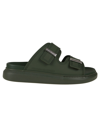 Alexander Mcqueen Fabric Upper And Rubber Slides In Khaki Silver