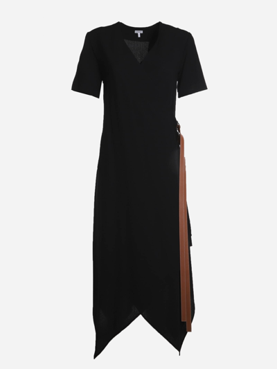 Loewe Wrap Midi Dress In Wool With Leather Belt In Black
