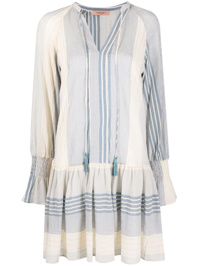 Twinset Short Striped Gauze Dress In Blue