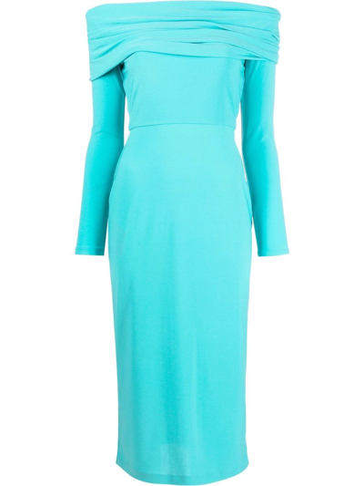 Solace London Bardot Long-sleeve Midi-dress In Turquoise