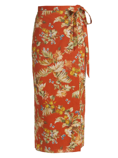 Erdem Hermia Floral-print Cotton-poplin Wrap Midi Skirt In Red