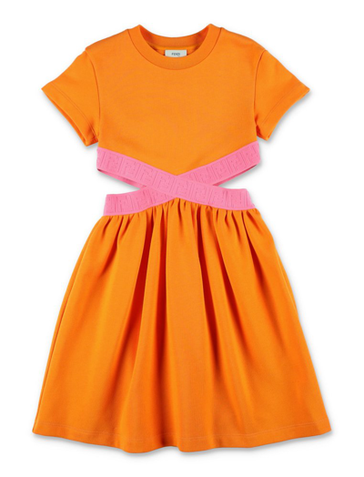 Fendi Kids Ff Logo Embossed Strap Crewneck Dress In Orange