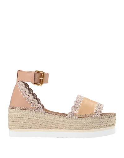 See By Chloé Glyn Embroidered Leather Wedge Espadrilles In Beige