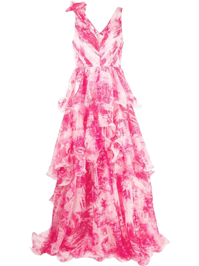 Marchesa Notte Floral Ruffle Maxi Dress In Rosa