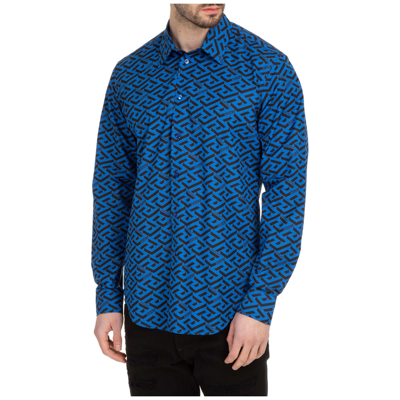 Versace Men's Long Sleeve Shirt Dress Shirt  La Greca In Blue