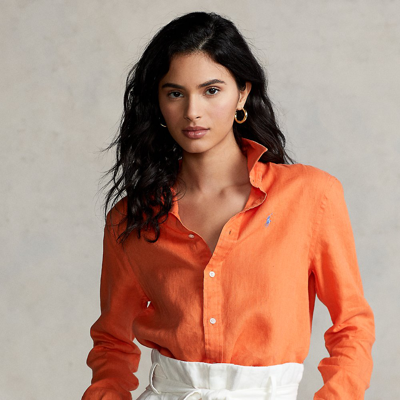Ralph Lauren Woman Shirt In Orange Linen With Light Blue Pony In May Orange