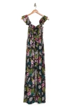 Boho Me Smocked Off-the-shoulder Maxi Swim Cover-up In Black Tropical