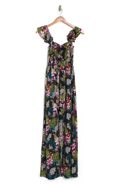 Boho Me Smocked Off-the-shoulder Maxi Swim Cover-up In Black Tropical