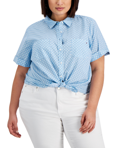 Tommy Hilfiger Plus Size Cotton Dot-print Camp Shirt In Sea Angel