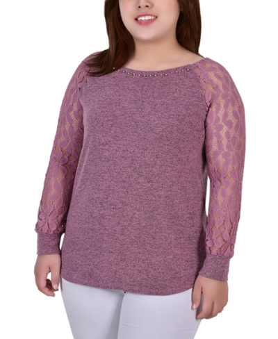 Ny Collection Plus Size Long Lace Sleeve Top In Mauve