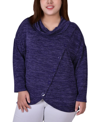 Ny Collection Women's Long Sleeve Cowl Neck Pullover With Buttons Top In Eggplant