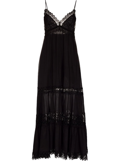 Charo Ruiz Cindy Crocheted Lace-paneled Cotton-blend Maxi Dress In Black