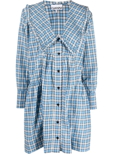 Ganni Seersucker Check-print Gathered Dress In Blau