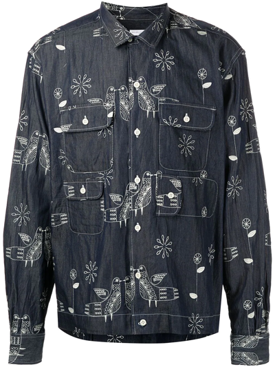 Engineered Garments Embroidered Denim Bowling Shirt In Multi
