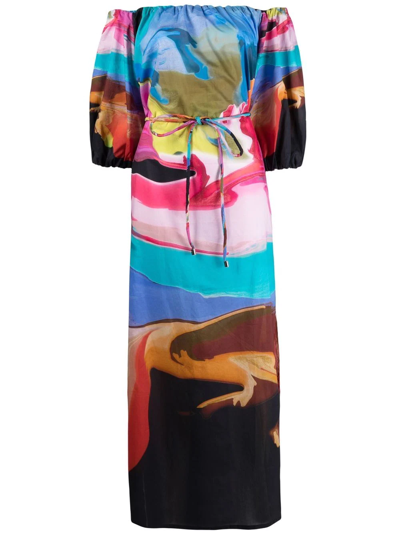Sara Roka Nikki Abstract-print Off-shoulder Long Dress In Multicolor