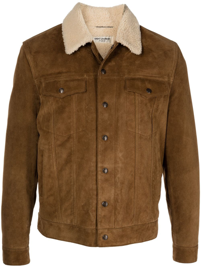 Saint Laurent Leather Shearling Jacket In Brown
