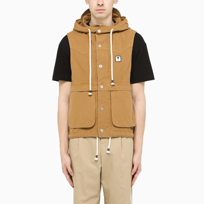 Palm Angels Brown Hooded Waistcoat With Logo Patch In Beige