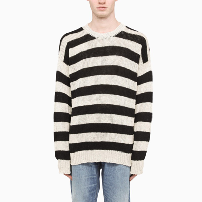 Roberto Collina Man Striped Cotton And Linen Crew Neck Sweater In Ecru