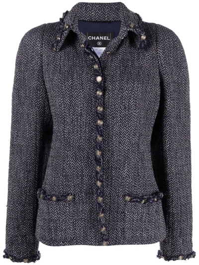 Pre-owned Chanel 2008 Embossed-buttons Single-breasted Jacket In Blue