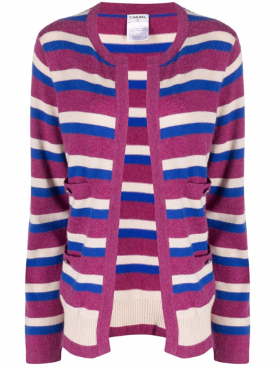 Pre-owned Chanel 2007 Cc-button Striped Cashmere Cardigan