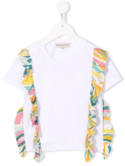 Emilio Pucci Junior Kids' 荷叶边细节棉t恤 In White