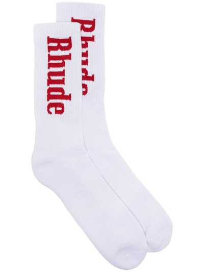 Rhude Intarsia-knit Logo Ankle Socks In White