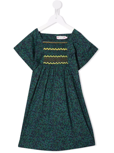 Bonpoint Kids' Floral Smocked Cotton Dress In Green