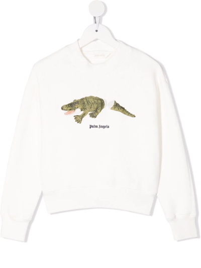 Palm Angels Kids' Crocodile-print Crew-neck Sweatshirt In White
