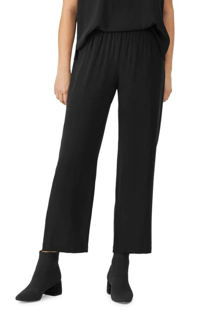 Eileen Fisher Silk Georgette Crepe Ankle Straight Leg Trousers In Black