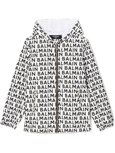 Balmain Kids' Logo Print Zipped Hooded Jacket In White