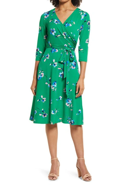 Eliza J Floral Long Sleeve Faux Wrap Dress In Green