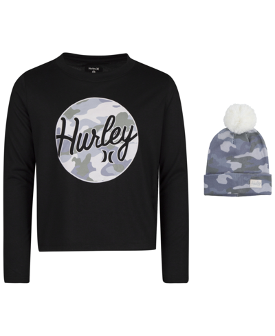 Hurley Big Girls T-shirt With Beanie In Black