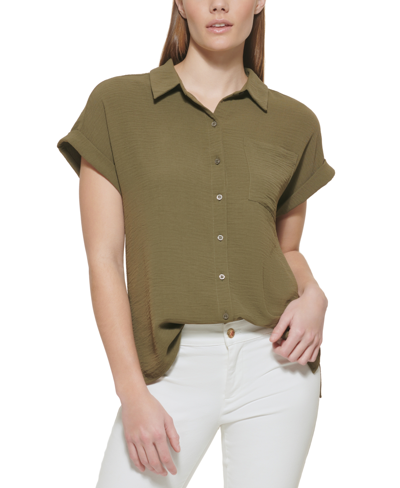 Calvin Klein Short Sleeve Button Down Shirt In Caper