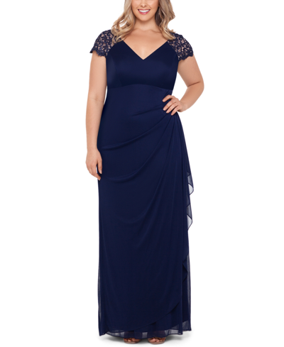 Xscape Plus Size Lace-shoulder Gown In Navy Blue