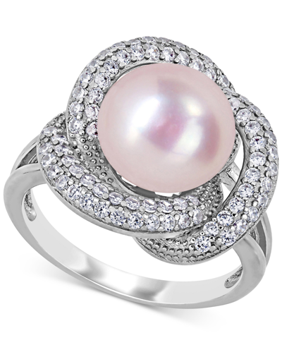Macy's Pink Cultured Freshwater Pearl (10-1/2mm) & Cubic Zirconia Love Knot Statement Ring In Sterling Silv In Silver