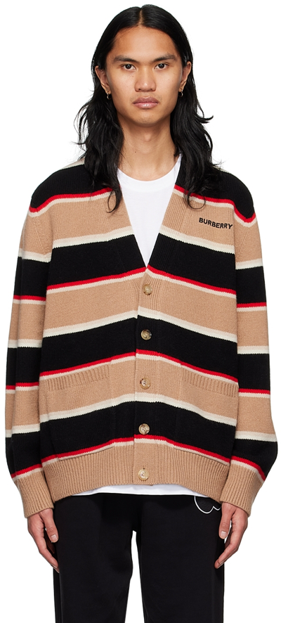 Burberry Logo-embroidered Striped Wool-blend Cardigan In Brown,black,red