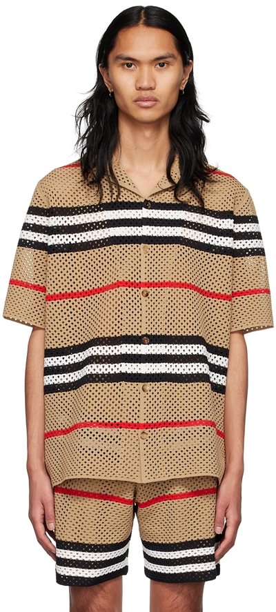 Burberry Malet Short-sleeved Icon-print Crochet Shirt In Beige