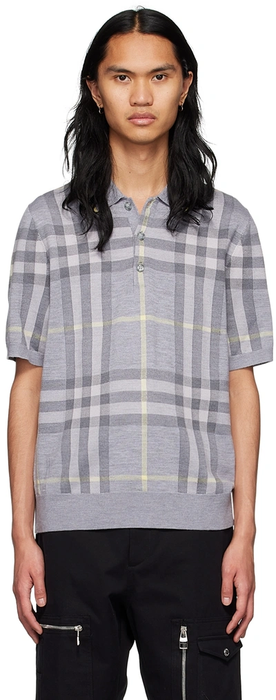 Burberry Cartner Knit Check Polo Shirt In Grey