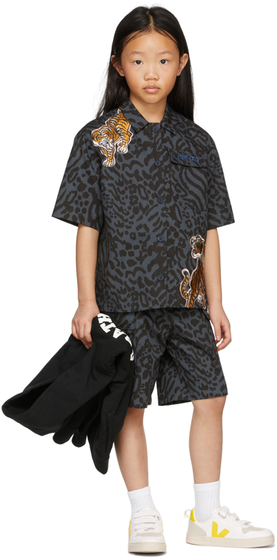 Kenzo Kids Grey Embroidered Tiger Shirt In Black