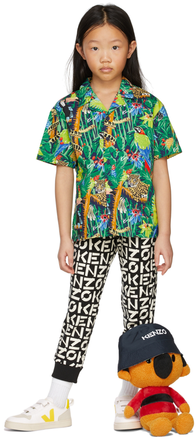 Kenzo Multicolor Boy Shirt With Botanical Print Classic Collar, Front Closure With Buttons, Short Sleeves In Green