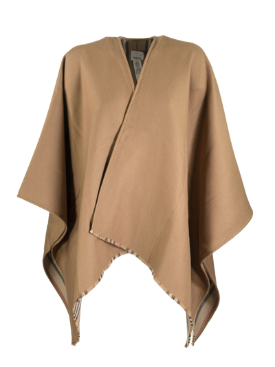 Burberry Icon Stripe To Solid Wool Cape In Archive Beige