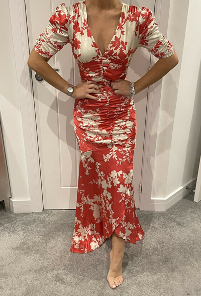 Pre-owned Lipsy Bnwt Red Cream Floral Satin Patricia Fully Ruched Maxi Dress  Size 18 New In Pinky Red And Cream | ModeSens