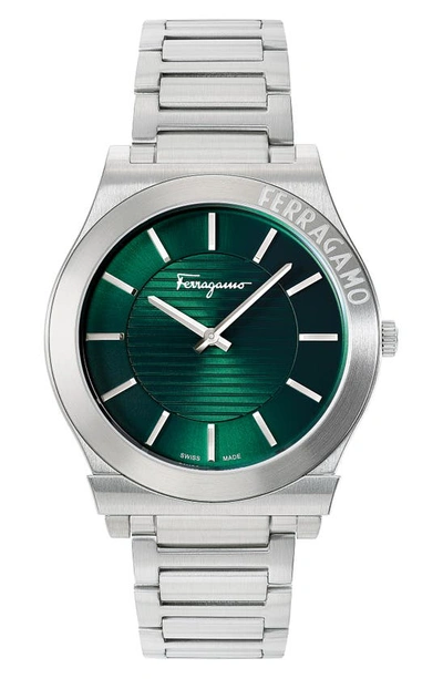 Ferragamo Men's Gancini Stainless Steel Bracelet Watch, 41mm In Green/silver