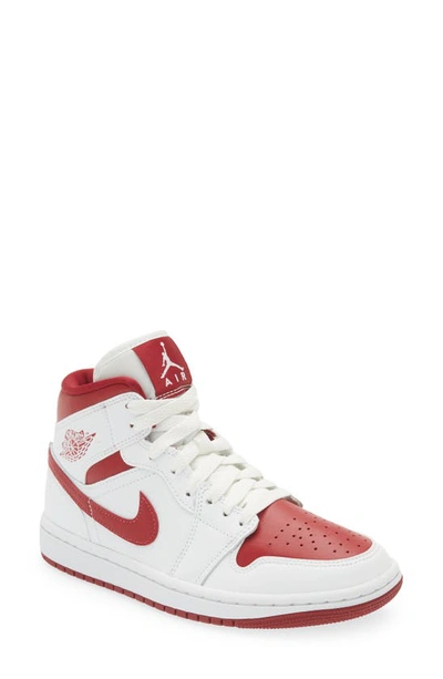 Jordan Air  1 Mid Sneakers In White/ Pomegranate/ White